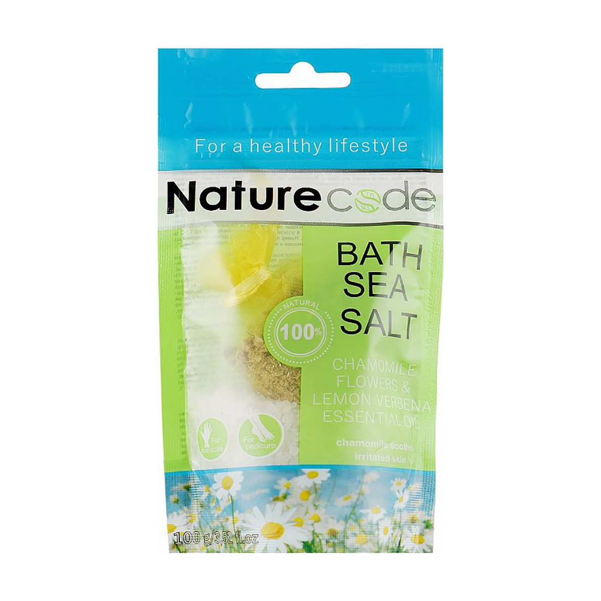 Морська сіль для ванн Nature Code з квітками ромашки та ефірною олією лимонної вербени, 100 г